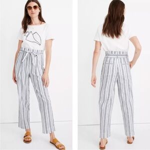 Madewell Blue and White Striped Cropped Jumpsuit with Tie Waist